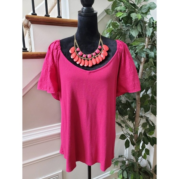 Ava & Viv Womens Pink Solid Cotton Short Sleeve Scoop Neck Top Blouse Size 4X - Picture 1 of 11